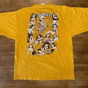 Vintage Homies “Homie Girls” Low Rider Tee L Yellow 1990s Big Print Double Side
